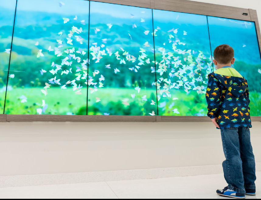 Child interacting with Social Butterflies installation at Carilion Children's