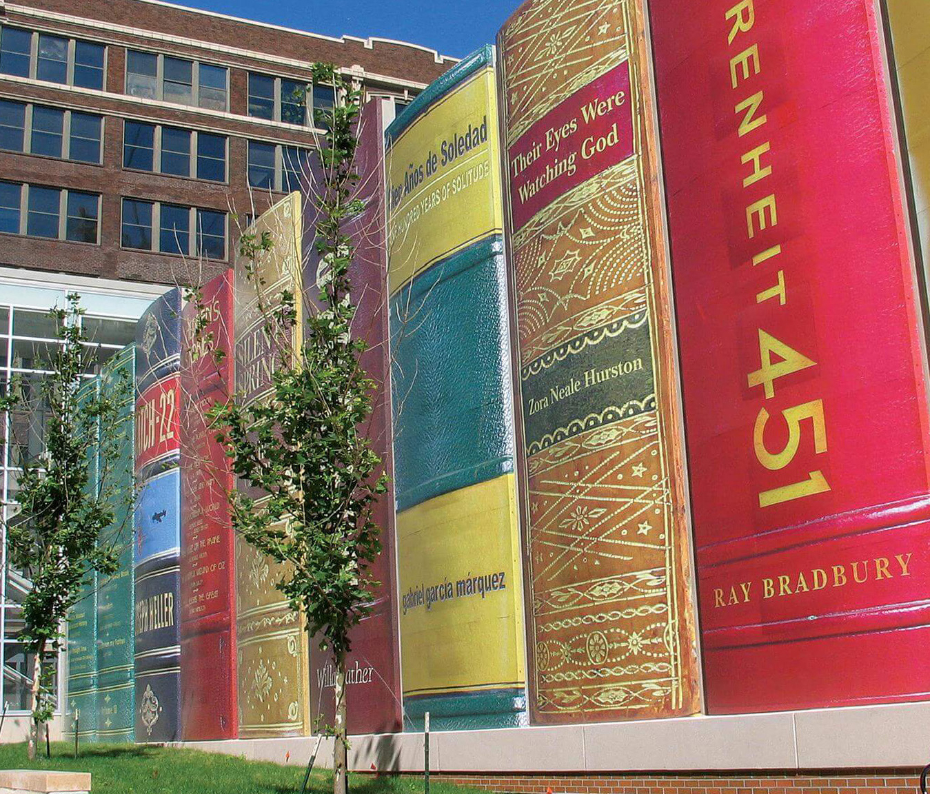Kansas City Public Library parking garage book spine facade